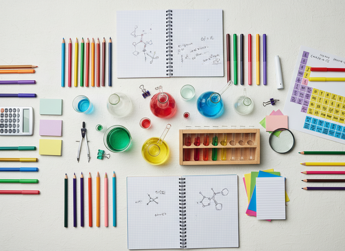 bright, colorful flatlay of school and science supplies including beakers, flasks, test tubes, pencils, markers, notebooks, and homework tools on a light background for a school supply store hero banner